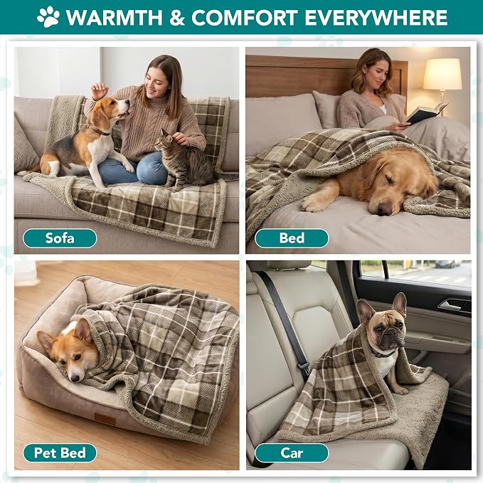 PetAmi Dog Blanket for Medium Large Dogs and Pets, Soft Sherpa Fleece Pet Blanket Throw for Cats Puppies, Reversible Plush Couch Cover Protector Sofa Bed Car Seat, Machine Washable, 80x60, Plaid Taupe