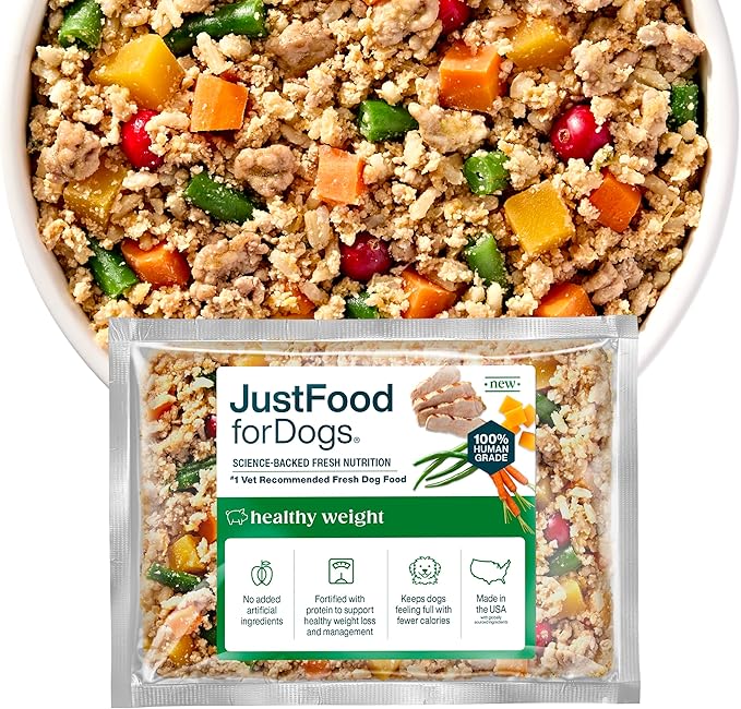 JustFoodForDogs Fresh Frozen Healthy Weight Management Dog Food, Fresh Pet Meals or Toppers for Dog Weight Control, Human Grade, Vet Recommended, High Fiber, Lean Pork, 18-oz Pouch, case of 21