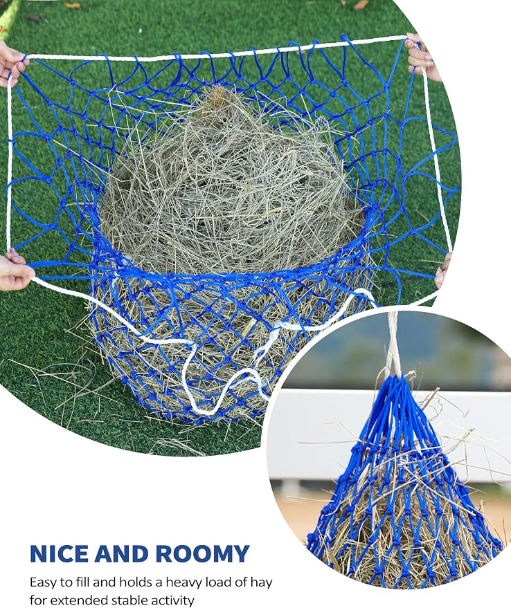 Harrison Howard Slow Feed Hay Net for Horses, 40 Inch Hay Bag Holds 1–2 Flakes, 2 Inch Mesh Durable Hanging Feeder for Stable, Pasture & Livestock-Blue