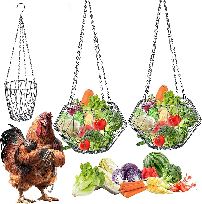 Hanging Chicken Feeder, 9.25IN Large Foldable Poultry Feeder Vegetable Fruits Basket with 4pcs Hanging Stainless Chain, Chicken Treat Holder Ball Boredom Toys for Chicken Hens Duck Coop, Black, 2 Pack