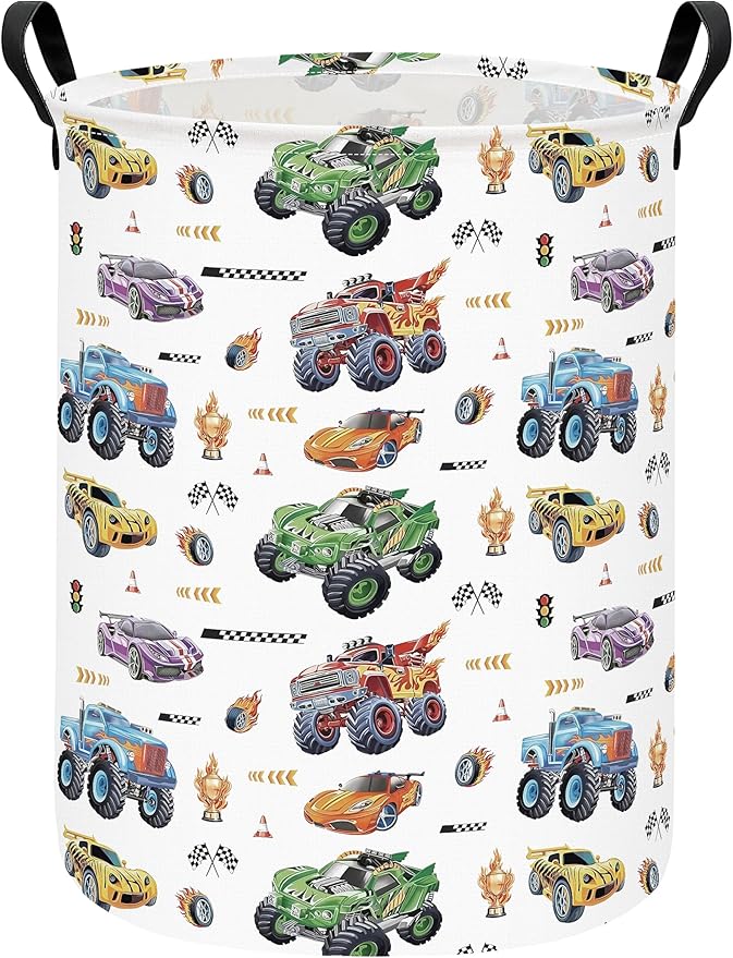 Monster Truck Laundry Hamper Storage Basket, Nursery Hamper Canvas Laundry Basket Foldable with Waterproof PE Coating for Kids, Office, Bedroom, Clothes,Toys(Monster Truck)