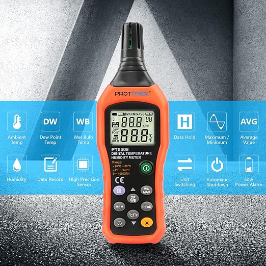 Protmex PT6508 Temperature Humidity Meter, Digital Thermometer Hygrometer Monitor with Ambient, Dew Point, Wet Bulb for Indoor/Outdoor MIN, MAX, Data Hold, LCD Backlight