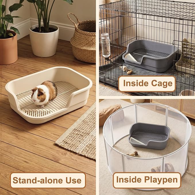Large Rabbit Litter Box Corner Grated Bunny Potty Trainer with Stainless Steel Grate for Adult Guinea Pigs Rabbits Hamsters Chinchillas Ferrets Gerbils & All Small Pets Includes Scoop (Gray)
