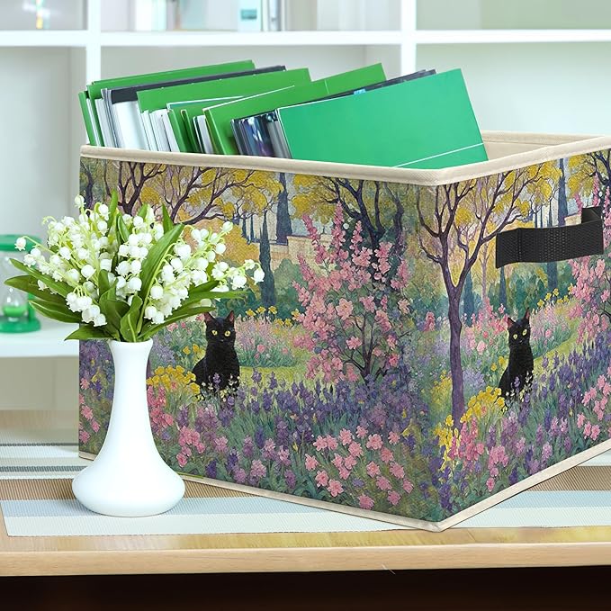 Black Cat Flower Garden Storage Bin Box, Cat Lover Mom Lady Grandma Gifts Collapsible Storage Basket Organizer for Bedroom Bathroom Home Clothes Toys Books, Toybox for Girls