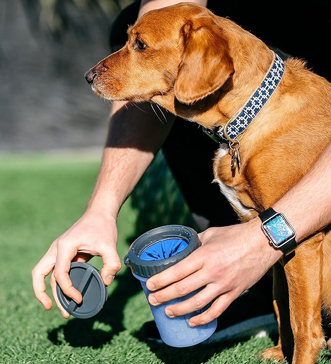 Dexas Lidded MudBuster Dog Paw Cleaner in Pro Blue - Fits 1.5"-2.5" Wide Paws, Portable Paw Washer for Muddy Paws, Dog Paw Cleaning Cup with Gentle Silicone Bristles, Quick Clean Pet Paw Washer