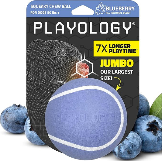 Playology Dog Toys | Squeaky Chew Ball for Large Dogs | Blueberry Scented Jumbo Dog Ball | Bouncy Floating Chew Toys for Fetch