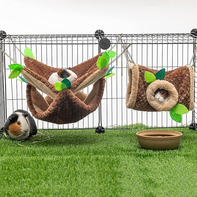 Small Animal Hammock - Hanging Hammock & Tunnel Hideout for Guinea Pig Hamster Parrot Rat Chinchilla - Warm Swing Plush Cage Bed Washable Pet Hammock with 5.9" Chian