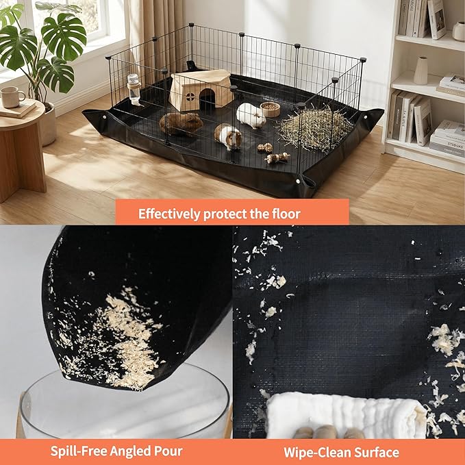 Waterproof Guinea Pig Cage Liner Mat 59x39 Inches - 100% PVC Waterproof Base for Rabbit Hutch C&C Cages Hamster Playpen, Snap Edges, Mess Containment, Extra Large Pet Floor Mat (Black)