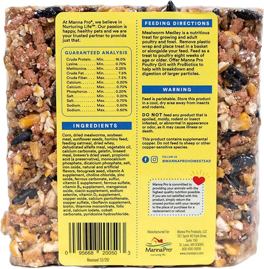 Manna Pro Mealworm Medley Cake, Chicken Treats & Food, High-Protein Snack for Chickens, Turkeys, and Backyard Birds, 19.5 oz
