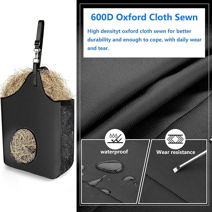 4 Pcs Hay Bag Hanging Goat Feeder Tote Premium Oxford Cloth with Metal Ring and Adjustable Strap for Horses Donkeys Cows Alpacas Ostriches or Other Animals Black