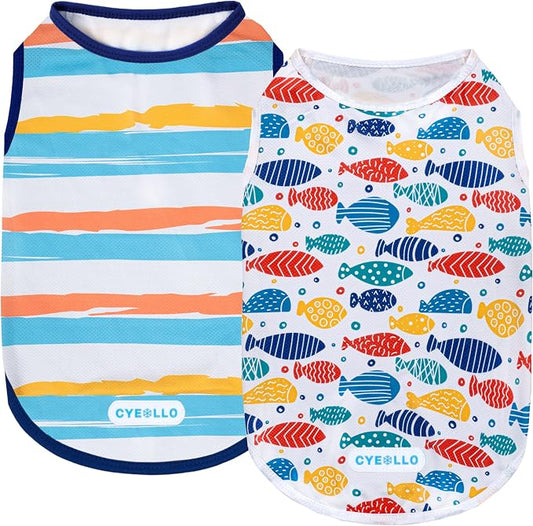 cyeollo 2pack Dog Cooling Shirt, Breathable Sleeveless Summer Clothes for Dogs, Intant Cool T Shirts for Small Dogs, Blue Fish S