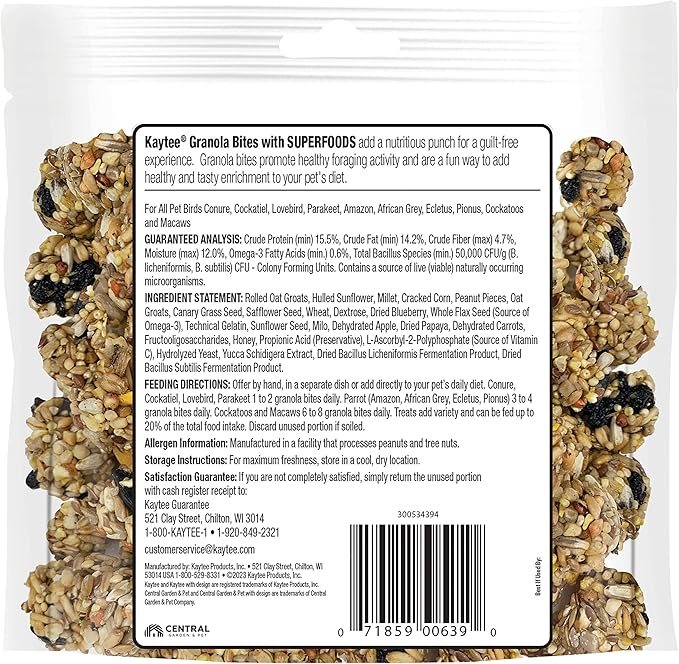 Kaytee Granola Bites with Super Foods Granola Bites and Flax for Pet Birds Conure, Cockatiel, Lovebird, Parakeet, Amazon, African Grey, Ecletus, Pionus, Cockatoos and Macaws, 4.50 Ounce (Pack of 1)