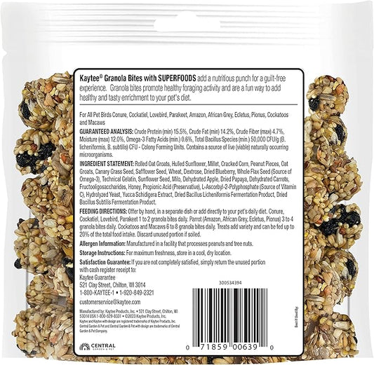 Kaytee Granola Bites with Super Foods Granola Bites and Flax for Pet Birds Conure, Cockatiel, Lovebird, Parakeet, Amazon, African Grey, Ecletus, Pionus, Cockatoos and Macaws, 4.50 Ounce (Pack of 2)
