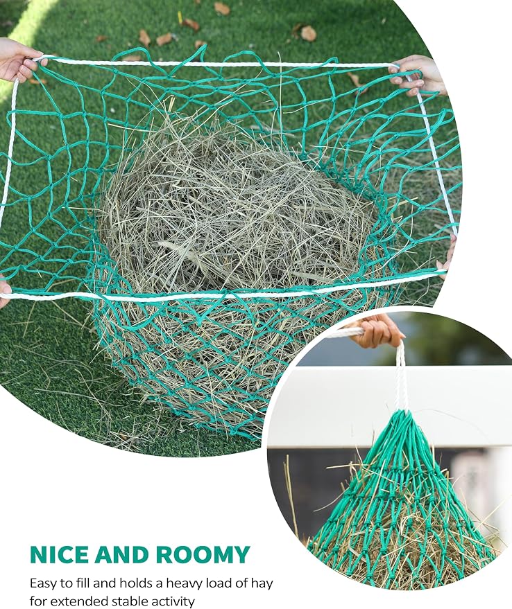 Harrison Howard 2 PCS Slow Feed Hay Net for Horses, 40 Inch Hay Bag Holds 1–2 Flakes, 2 Inch Mesh Durable Hanging Feeder for Stable, Pasture & Livestock-Grass Green