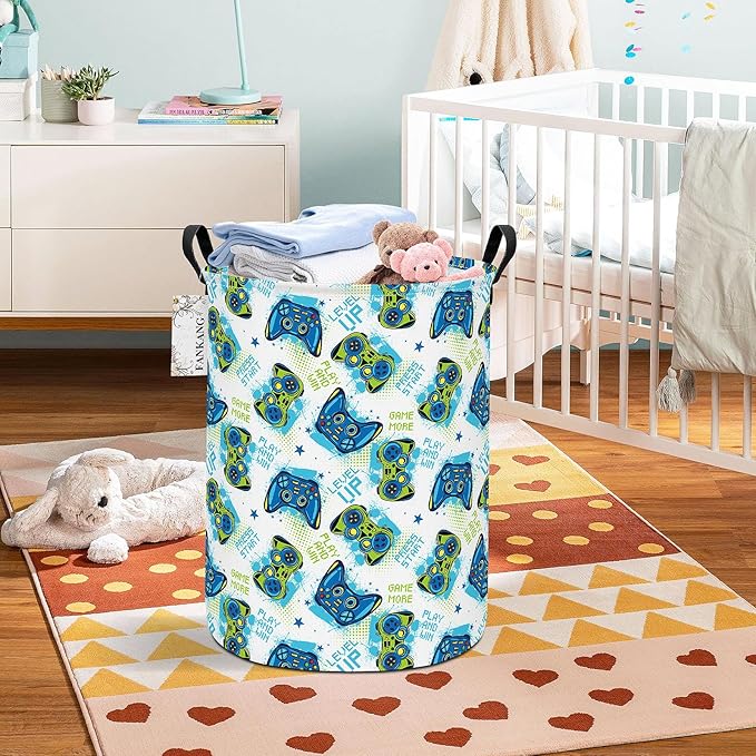 Storage Basket, Nursery Hamper Canvas Laundry Basket Foldable with Waterproof PE Coating Large Storage Baskets for Kids Boys and Girls, Office, Bedroom, Clothes,Toys(Game)