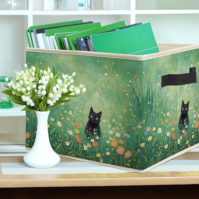 Green Wildflower Black Cat Storage Bin Box, Cat Lover Mom Lady Grandma Gifts Collapsible Storage Basket Organizer for Bedroom Bathroom Home Clothes Toys Books, Toybox for Girls