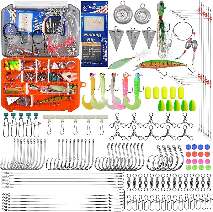 Saltwater Fishing Tackle Kit,160pcs Surf Fishing Gear Set Saltwater Lures Bucktail Jigs Fishing Bait Rigs Pyramid Sinkers Leaders Hooks Swivels Ocean Beach Fishing Accessories with Tackle Box