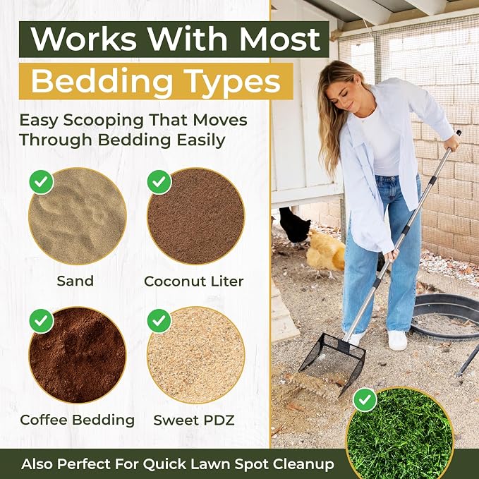 2-in-1 Chicken Coop Poop Scooper and Rake - Metal Sand Sifting Litter Scoop Shovel with Angled Basket and Micro-Sized Diamond Mesh to Catch the Smallest Farm Animal Droppings - Adjustable 12" to 53"