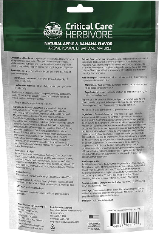 Oxbow Critical Care Herbivore, Emergency Rabbit & Guinea Pig Food, Natural Apple Banana Flavor, Critical Care Herbivore, Assist Feeding Formula for Pets, 454 gram bag