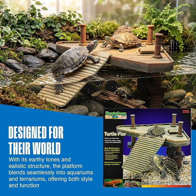 Penn-Plax Reptology Turtle Pier and Basking Platform, Medium - Adjust Height Up to 12 In - Floats at Water Level -Easy Ramp Access for Turtles, Frogs & Reptiles in Aquariums or Terrariums, 11.5x9.5 In