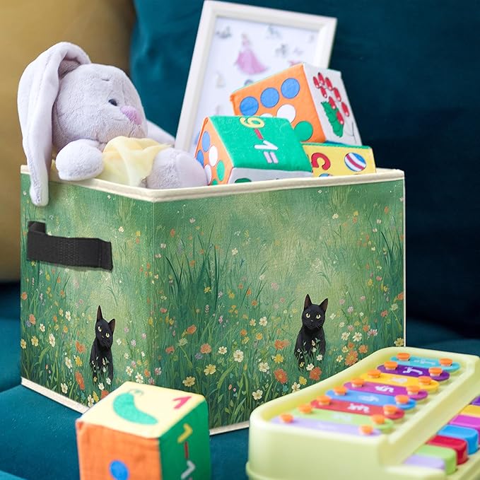 Green Wildflower Black Cat Storage Bin Box, Cat Lover Mom Lady Grandma Gifts Collapsible Storage Basket Organizer for Bedroom Bathroom Home Clothes Toys Books, Toybox for Girls