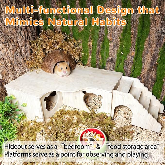 Hamster Hideout Multi-Chamber Hamster House Maze Tunnel Rat Cage Platform Stand Boards Habitats Decor Accessories for Gerbils Mice Lemmings (M)