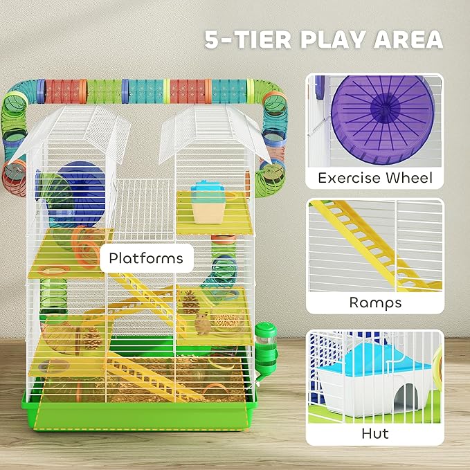 PawHut 18.5" 5 Tier Hamster Cage with Tubes and Tunnels, Small Animal Cage, Rat Gerbil Cage with Water Bottle, Food Dish, Exercise Wheel, Green