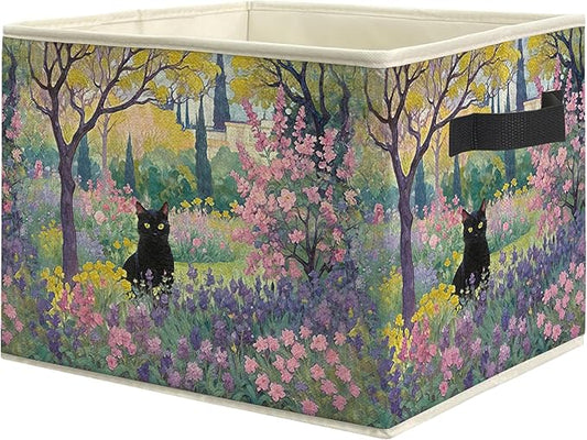 Black Cat Flower Garden Storage Bin Box, Cat Lover Mom Lady Grandma Gifts Collapsible Storage Basket Organizer for Bedroom Bathroom Home Clothes Toys Books, Toybox for Girls