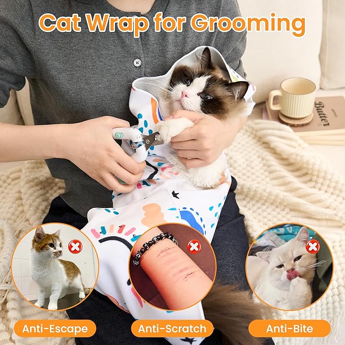 27.6'' Cat Grooming Wrap for Cutting Nails Self-Adhesive Soft Polyester Fabric Swaddle Wrap for Cats Anti-Scratch Anti-Escape Restraint for Nail Clipping Pet Cleaning and Beauty (Rainbow,XL)