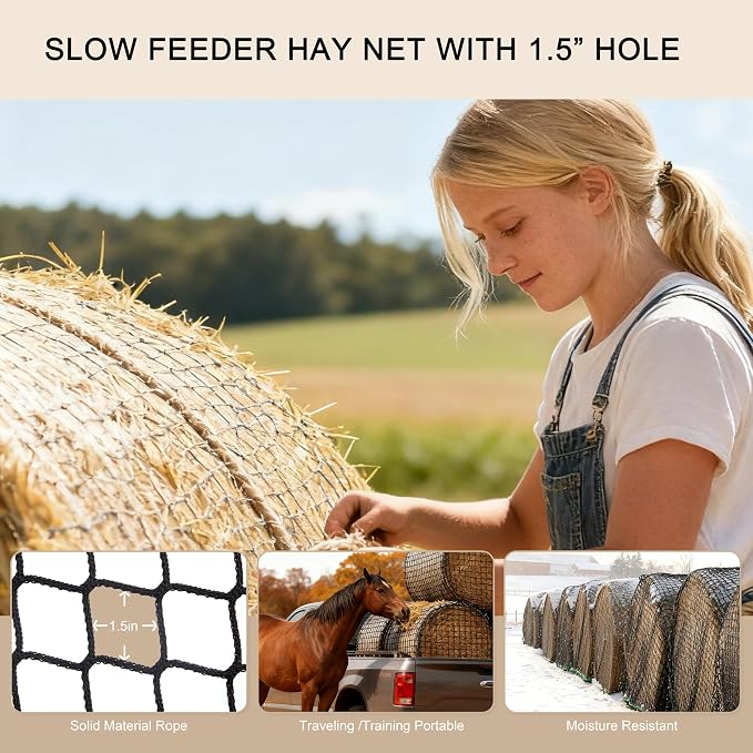 Martx 5X5ft Round Bale Hay Net for Horses Slow Feed,Knotless-Livestock Slow Feed Hay,Fits 4x4 5x5 6x6 Round Bales,Heavy Duty &1.5inch Holes Feeder Nets for Horses Goats Cattle Reduce Waste