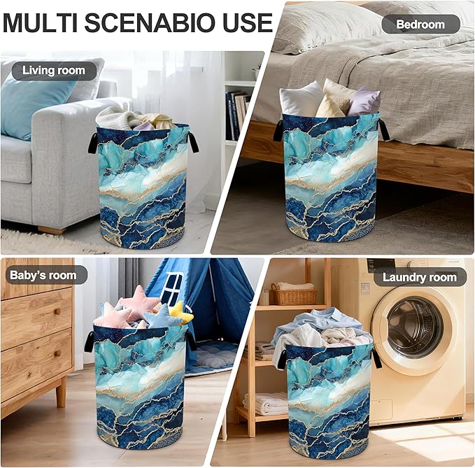 Marble Teal Laundry Basket Storage Bin Foldable Laundry Hamper Clothes Storage Bucket Organizer 19.6x15.7 Inch For Laundry Room/Bedroom/Bathroom