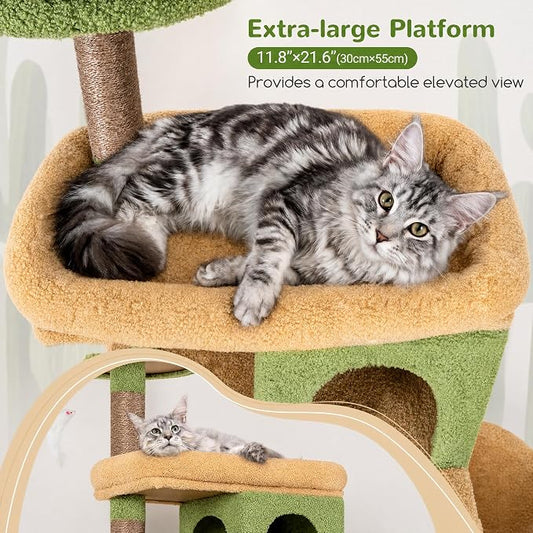 Globlazer Heavy Duty Cactus Cat Tree for Large Cats, Sturdy 72in Maine Coon Cat Tree for Large 20 lbs+ Cactus Cat Tower for Adult Biggest Cats with 6 Scratching Posts, Hammock, S72, Green