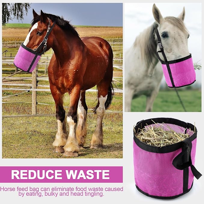 Sumind 2 Pcs Feed Horses Bag for Grain Hay Bags Heavy Duty Mesh Horse Feeder with Adjustable Strap Comfort Neck Pad Nose Pad and Waterproof Bottom Muzzle(Pink)