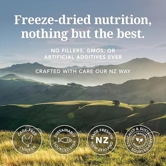 Feline Natural Freeze Dried Cat Food - Grain-Free and High Protein Cat Food from New Zealand, Complete Meal or Topper for Kittens, Adults, and Senior Cats, Chicken and King Salmon, 11oz