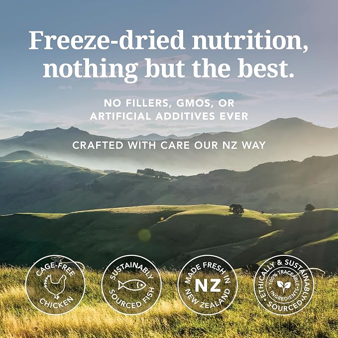 Feline Natural Freeze Dried Cat Food - Grain-Free and High Protein Cat Food from New Zealand, Complete Meal or Topper for Kittens, Adults, and Senior Cats, Chicken and King Salmon, 3.5oz