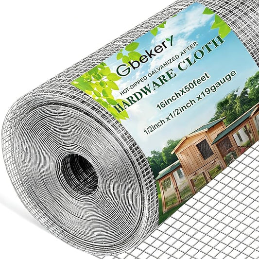 Gbekery Hardware Cloth 1/2 inch 16in x 50ft 19 Gauge, Hot-dip Galvanized After Welding Chicken Wire Mesh Roll Garden Plant Welded Metal Wire Fencing Roll, Rabbit Cages Snake Fence