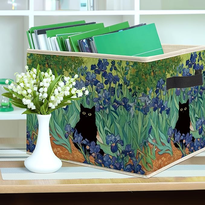 Irises Floral Black Cat Storage Bin Box, Cat Lover Mom Lady Grandma Gifts Collapsible Storage Basket Organizer for Bedroom Bathroom Home Clothes Toys Books, Toybox for Girls