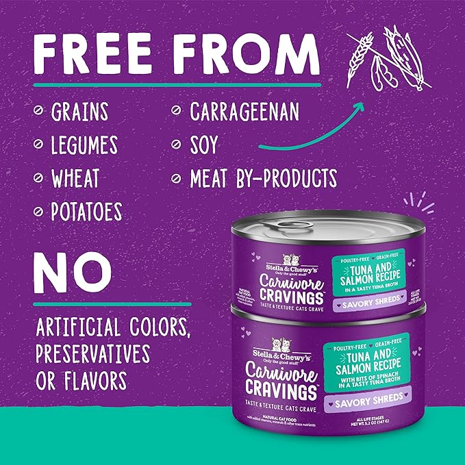 Stella & Chewy's Carnivore Cravings Savory Shreds Cans – Grain Free, Protein Rich Wet Cat Food – Wild-Caught Tuna & Salmon Recipe – (2.8 Ounce Cans, Case of 24)
