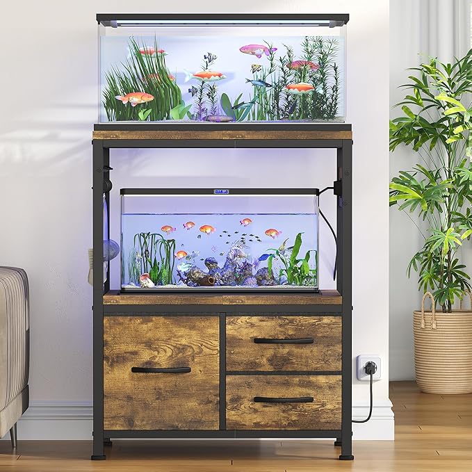 Heybly 10-20 Gallon Fish Tank Stand, Aquarium Stand with Drawer, Power Outlet, Heavy Duty Metal Frame, for Fish Tank, Turtle & Reptile Terrarium, 24.4" × 12.6" Top, 200lbs, Rustic Brown HAS003SSR