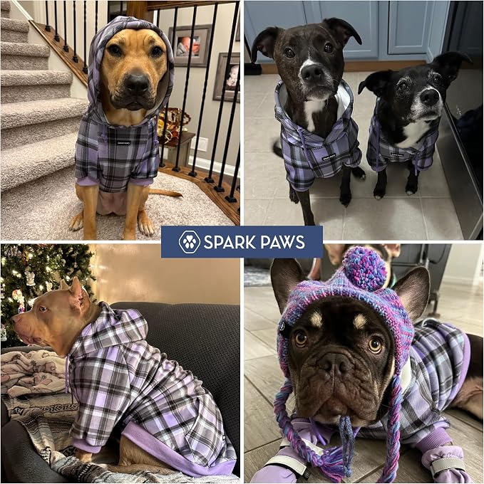 Spark Paws Dog Hoodie – Premium Dog Sweater for Small, Medium, and Large Dogs | Warm Outfits for French Bulldogs, Pitbull, Puppy, Winter Jacket Alternative - Purple Plaid - S