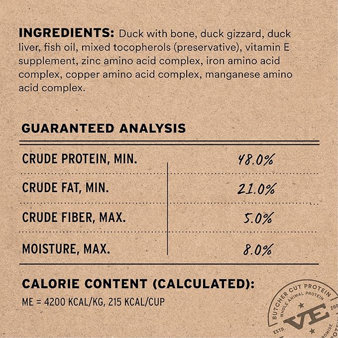 Vital Essentials Freeze Dried Cat Food, Raw Duck Crunchy Mini Nibs | Complete Meal or Topper | 96% Duck, Organs & Bone | Limited Ingredient, High Protein, Grain Free Dry Cat Food | 8 oz Bag