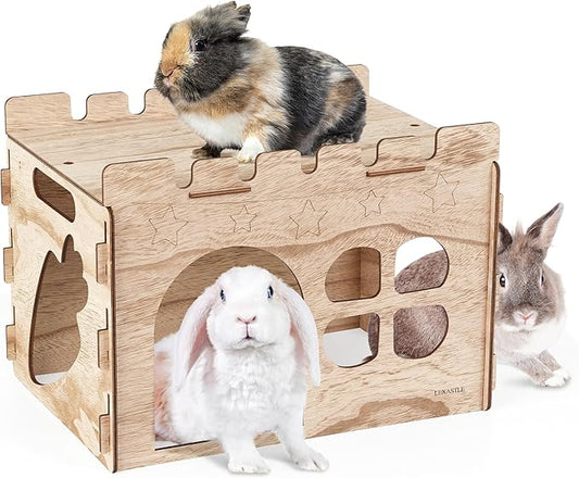 Larger Bunny Castle Sturdy Walnut Color Wooden Rabbit Hideout for Bunnies Guniea Pigs Ferrets Chinchillas Hamsters LXUS (Single Castle)