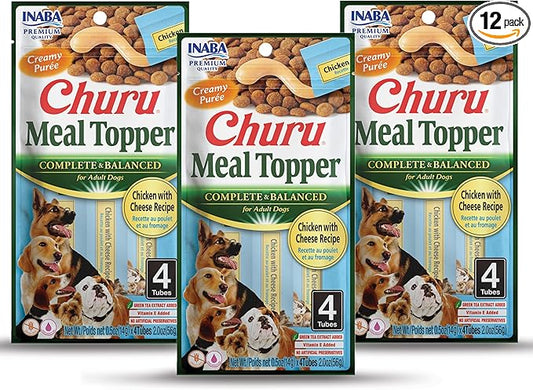 INABA Churu Meal Topper for Dogs, Complete & Balanced, Creamy, Lickable Purée Dog Food Topper, 0.5 Ounce Tube, 12 Tubes (4 per Pack) Chicken with Cheese Recipe