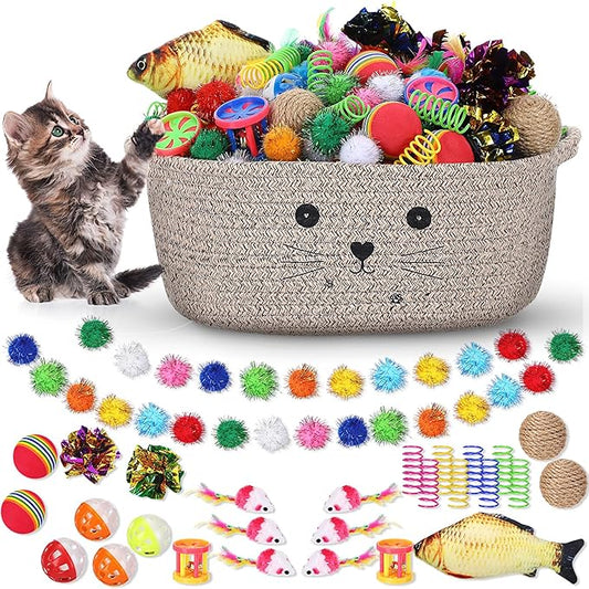 Zopeal 58 Pcs Mother’s Day Cat Storage Basket Gift Toys Set, Colorful Flashing Balls Pet Bell Crinkle Balls Spring Toys Attract Cat to Swat, Hunt, Interactive for Pet(Dark Brown,12 Inch)