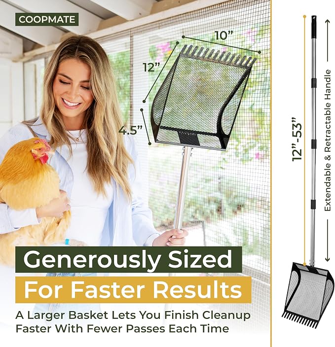 2-in-1 Chicken Coop Poop Scooper and Rake - Metal Sand Sifting Litter Scoop Shovel with Angled Basket and Micro-Sized Diamond Mesh to Catch the Smallest Farm Animal Droppings - Adjustable 12" to 53"