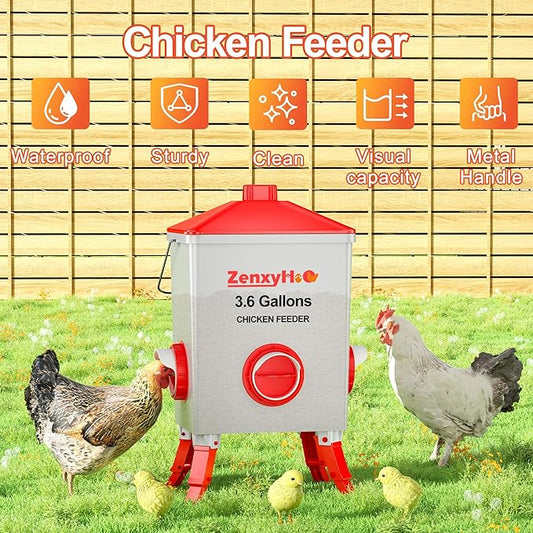 ZenxyHoC 2 * 3.6 Gal Chicken Feeder with Anti-Roost Cone, 3 Height Adjustable Locking Legs and 8 No-Waste Ports for Backyard Flock