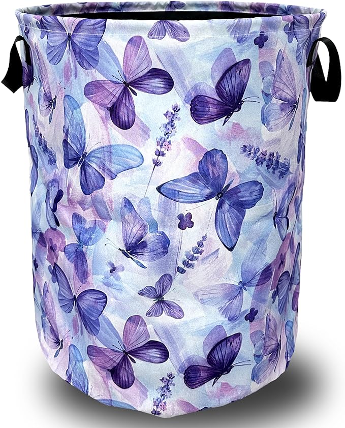Blue Purple Butterfly Laundry Basket Foldable With Handles Tote Bag Oxford Cloth Colorful Laundry Hamper Clothes Storage Bucket Toy Organizer 18.9" x 16.5" For Bathroom/Laundry/Bedroom
