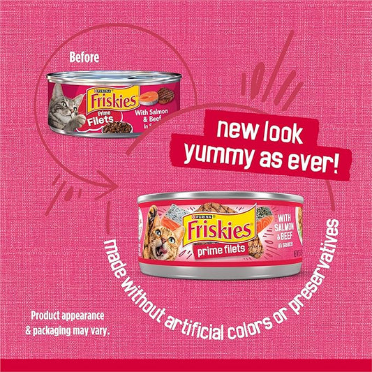 Friskies Purina Prime Filets with Salmon and Beef in Sauce High Protein Wet Cat Food - 5.5 oz. Cans (Pack of 48)