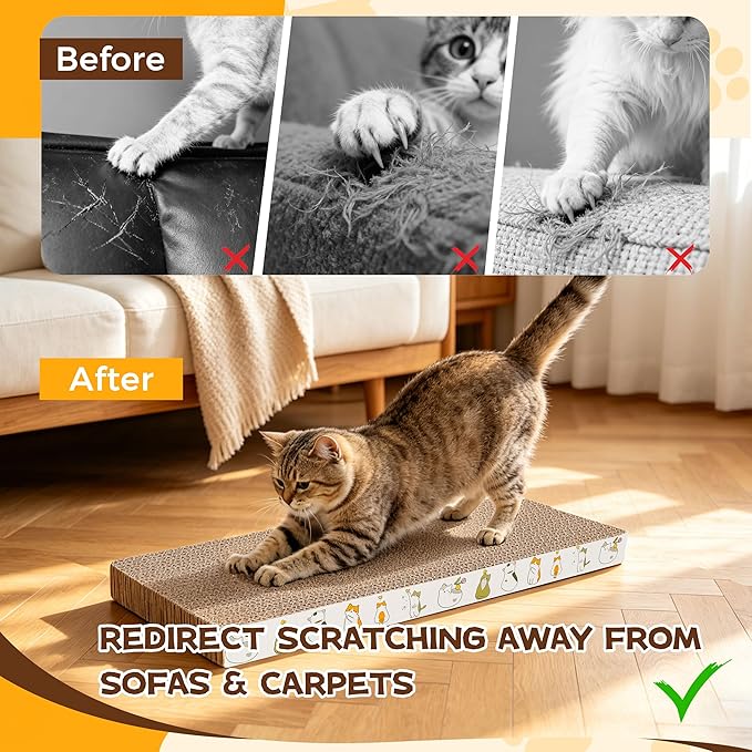 PatiencET Cardboard Cat Scratcher Pads, 4-Pack (2 Flat Double-Sided, 2 Wavy), Catnip Included, for Small and Medium Indoor Cats