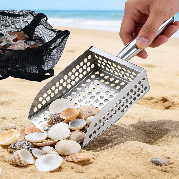 Beach Sand Sifter| Shark Tooth Sifter & Shell Scooper with 1 Mesh Bags, Boys & Girls | Fun Beach Toys for Shell Collecting